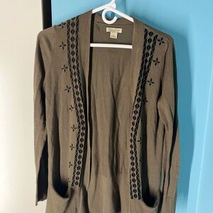 Lucky Brand Brown Cardigan Open Front V Neck with Decorative Trim